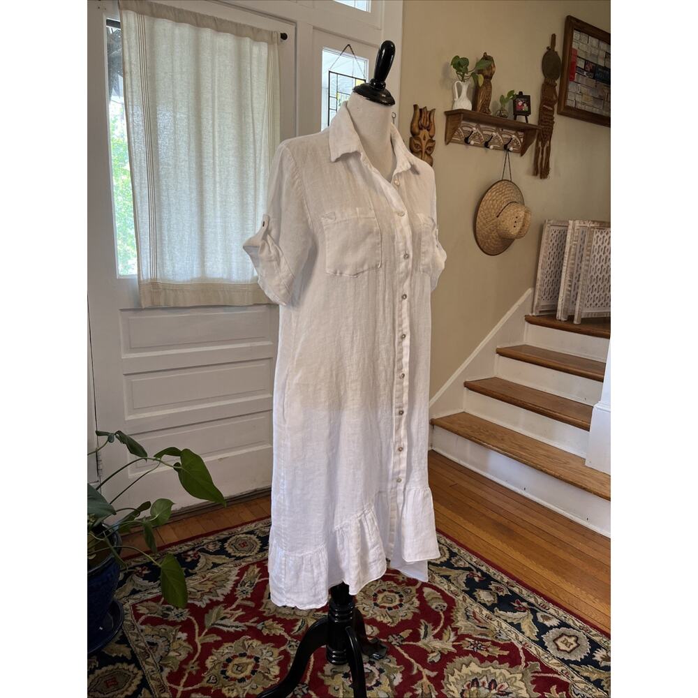 Saks Fifth Avenue L 100% Linen White Dress Button Down Tiered Ruffle Pocket Boho - Picture 2 of 11